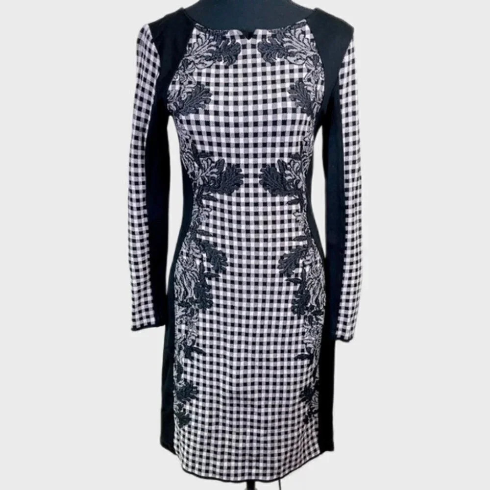 Marc Cain Floral Long Sleeve Sheath Lace Dress Check Patterned